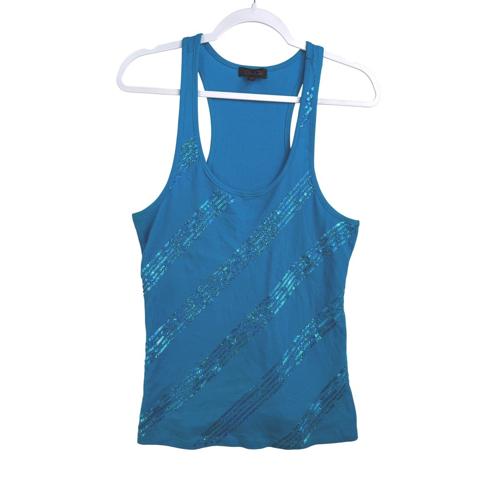 GLO Women Teal Blue Ribbed Sequin Stripe Racerback Tank Top Size L